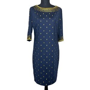 Gretchen Scott Rocket Girl Dress Navy Gold Embroidered Shift Dress Size M